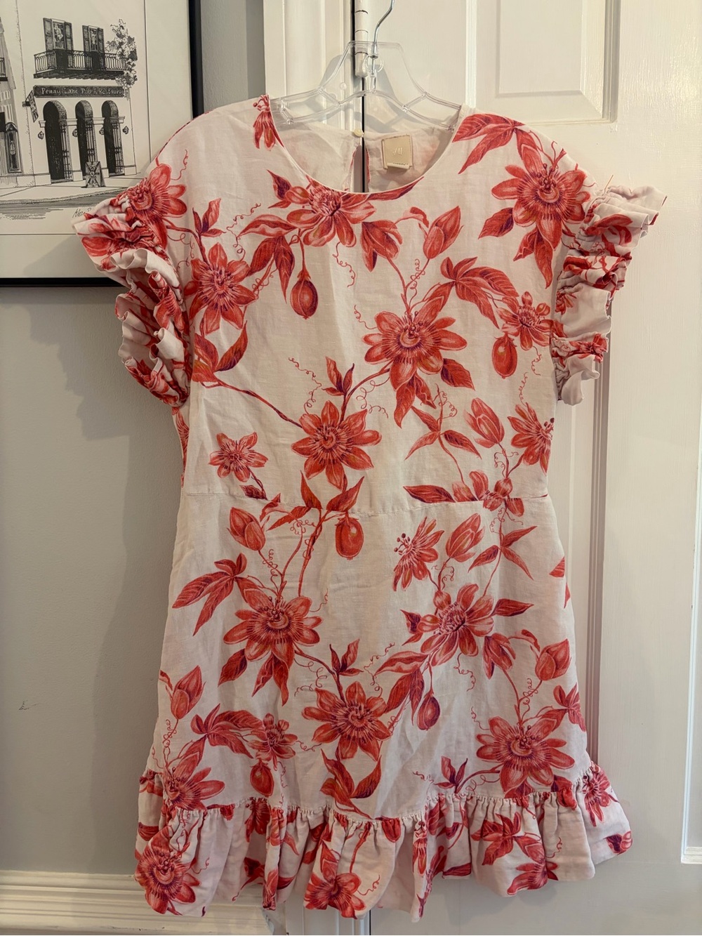 H&M Cream Dress with Red Floral Print and Ruffle Hem